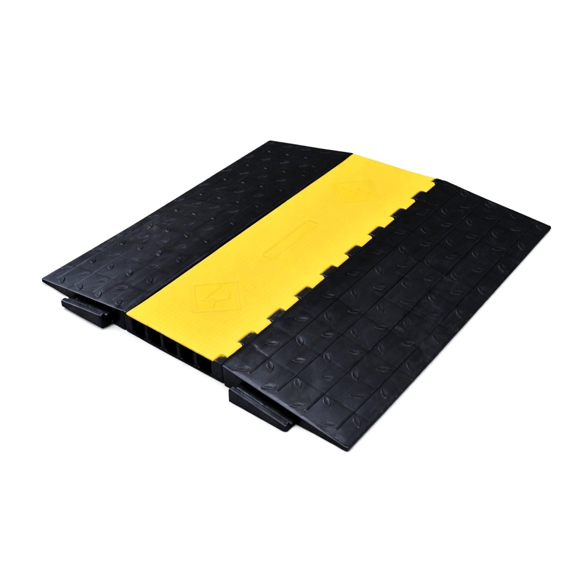 Rolstoelvriendelijke 5-kanaals kabelbrug van gerecycled rubber. Flauwe oprijhoek, antislip en belastbaar tot 8 ton. Voor binnen en buiten.