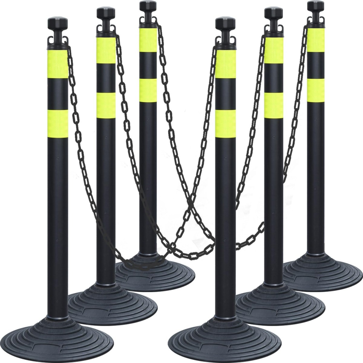 Set van 6 afzetpalen met ketting en vulbare voeten. Stabiel, goed zichtbaar en snel inzetbaar op parkeerterreinen, in magazijnen en werkzones.